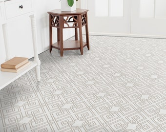 Pisos de vinilo con ilustraciones Art Deco de porcelana, linóleo beige en rollo, arte retro marrón, revestimiento de piso retro minimalista, pisos personalizados