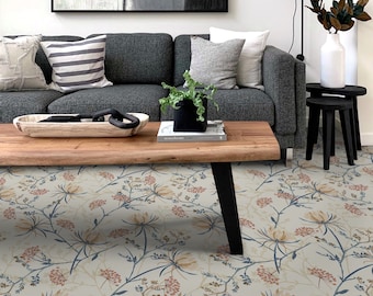 Floral Rustic Meadow Print Vinyl Flooring, Beige Sheet Vinyl Flooring, Blue Eco Friendly Floor, Plant Bedroom Inspirations, Office Decor