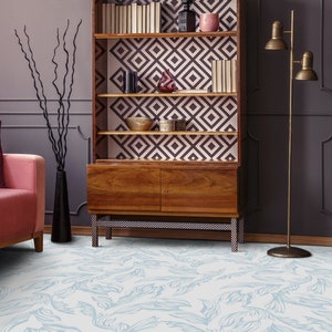 Scandinavian Minimalist Nature Vinyl Flooring, White Sheet Vinyl Flooring, Blue Floor Protector, Leaves Area Floor PVC, Vivid Colors Inks