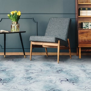 Ink Splash Texture Marble Vinyl Flooring, Blue Kitchen Makeover, White Easy To Clean Flooring, Watercolor Vinyl Sheet Floor, Retro Floor Art
