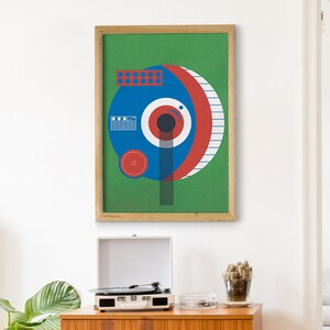 Bauhaus Auge grünes Poster, grüne Illustration, blauer Druck, abstrakte Wandkunst, dekoratives Plakat, Wohnkultur, Ausstellungsplakat, Geburtstagsgeschenk