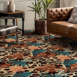 Exotic Tropical Holiday Pattern Vinyl Flooring, Beige Luxury Flooring, Blue Nursery Floor, Jungle Office Decor, Area Floor PVC, Art Floor