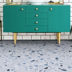 Stone Terrazzo Boho Pattern Vinyl Flooring, Blue Luxury Flooring, White Nursery Flooring, Stone Office Decor, Waterproof Material