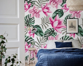 Graden Pink Flowers and Leaves removable wallpaper - repositionable, self-adhesive, wall mural, peel and stick, delicate art wall #153M