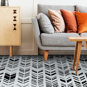 Ethnic Vertical Arrows Vinyl Flooring, White Retro Floor Cover, Black Easy To Clean Flooring, Geometric Vinyl Sheet Floor, Art Floor