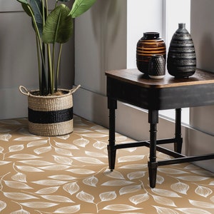 Lineart Boho Decorative Leaves Vinyl Flooring, Beige Abstract Decor, Brown Custom Flooring, Plant Easy To Clean Flooring, Linoleum In Roll
