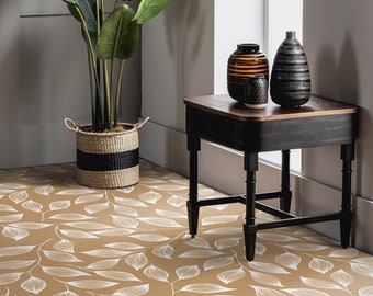 Pisos de vinilo con hojas decorativas de estilo bohemio de Lineart, decoración abstracta en beige, pisos personalizados en marrón, pisos de plantas fáciles de limpiar, linóleo en rollo