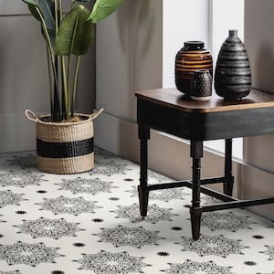 Mehndi Design Illustration Vinyl Flooring, Beige Retro Floor Art, Black Custom Flooring, Oriental Decorative Flooring, Abstract Decor