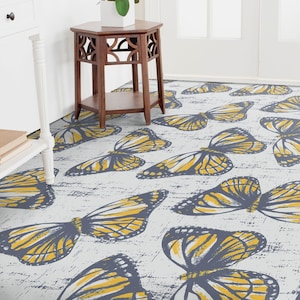 Retro Newspaper Buttlerfly Vinyl Flooring, Beige Flooring Linoleum, Yellow Retro Floor Cover, Moth Art Floor, Waterproof Material