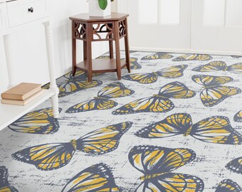 Retro Newspaper Buttlerfly Vinyl Flooring, Beige Flooring Linoleum, Yellow Retro Floor Cover, Moth Art Floor, Waterproof Material