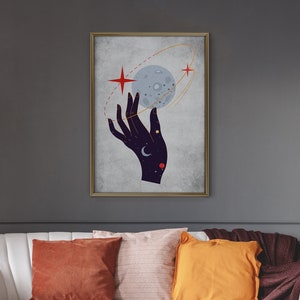 Paper Catching Planet Poster, Gray Art Print, Red Print, Cosmos Wall Art, Space Wall Art, Home Decor, Star Print, Housewarming Gift