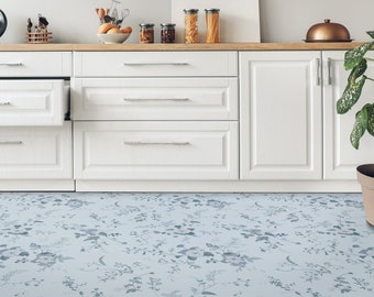 Retro Watery Pattern Flowers Vinyl Flooring, Blue Luxury Flooring, Gray Nursery Flooring, Glamorous Office Decor, Comfort Flooring