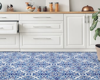 Pisos de vinilo con ilustraciones de azulejos de acuarela, pisos artísticos azules, pisos personalizados blancos, pisos decorativos de Portugal, pisos ecológicos