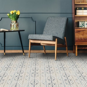 Modern Elegant Pattern Vinyl Flooring, Beige Kitchen Makeover, Blue Flooring Decor, Leaves Modern Flooring, Floor Protector