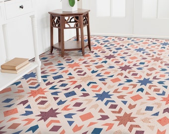 Oriental Motif Vinyl Flooring, Orange Retro Floor Art, Blue Custom Flooring, Geometric Bedroom Inspirations, Eco Friendly Floor