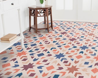 Orientalischer Vinylboden, Retro Bodenkunst in Orange, Blauer individueller Bodenbelag, geometrische Schlafzimmerinspirationen, umweltfreundlicher Boden