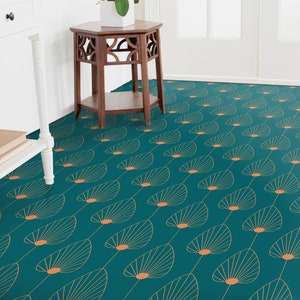 Simple Artdeco Leaves Vinyl Flooring, Green Retro Floor Art, Orange Custom Flooring, Lineart Decorative Flooring, High Quality Print