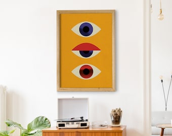 Tired Eye Poster, Yellow Print, Red Wall Art, Abstract Art Print, Wall Decor, Geometric Art, Bauhaus Print, Housewarming Gift, Poster Art