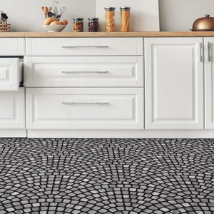 Terrazzo Stone Set Vinyl Flooring, Gray Kitchen Makeover, Black Flooring Decor, Retro Vinyl Sheet Floor, Aesthetic Room Decor