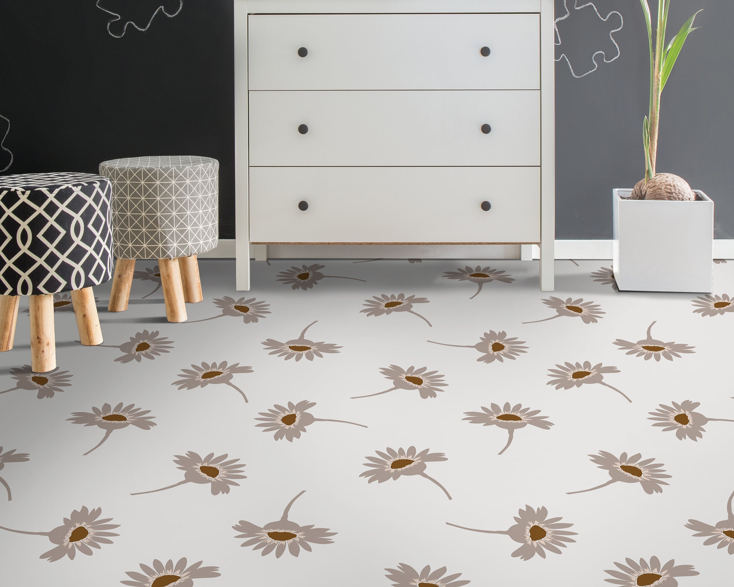 Boho Retro Daisy Print Vinylboden, weißer Boden Linoleum, graues wasserdichtes Material, Blumen-Qualitätsdruck, leicht zu reinigender Boden