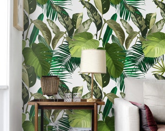 Tropical Green Forest Leaves, removable wallpaper - delicate art wall, self adhesive, watercolor wall decor, contemporary wallpaper #115M