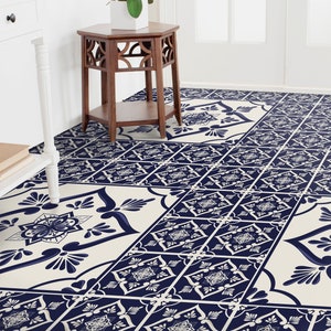 Patchwork Azulejos Tiles Ocean Colors Vinyl Flooring, White Non Toxic Print, Blue Floor Protector, Portugal Area Floor PVC, Gift For Her