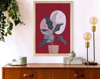 Plant And Red Bg Poster, Red Art Print, Purple Print, Plants Wall Art, Decorative Poster, Poster Art, Leaves Poster, Housewarming Gift