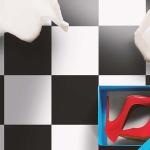 Checkmate Vinyl Flooring, White Rustic Flooring, Black Vivid Colors, Minimalistic Kitchen Floor, Retro Floor Cover