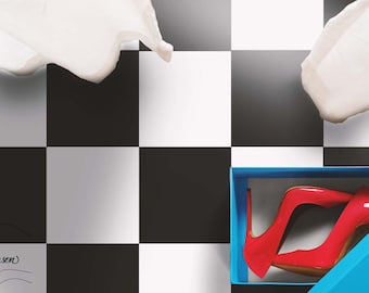 Checkmate Vinyl Flooring, White Rustic Flooring, Black Vivid Colors, Minimalistic Kitchen Floor, Retro Floor Cover