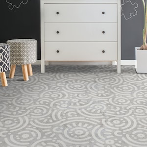 Cement With Geometric Shape Vinyl Flooring, Gray Kitchen Makeover, White Easy To Clean Flooring, Abstract Vinyl Sheet Floor, Linoleum Roll