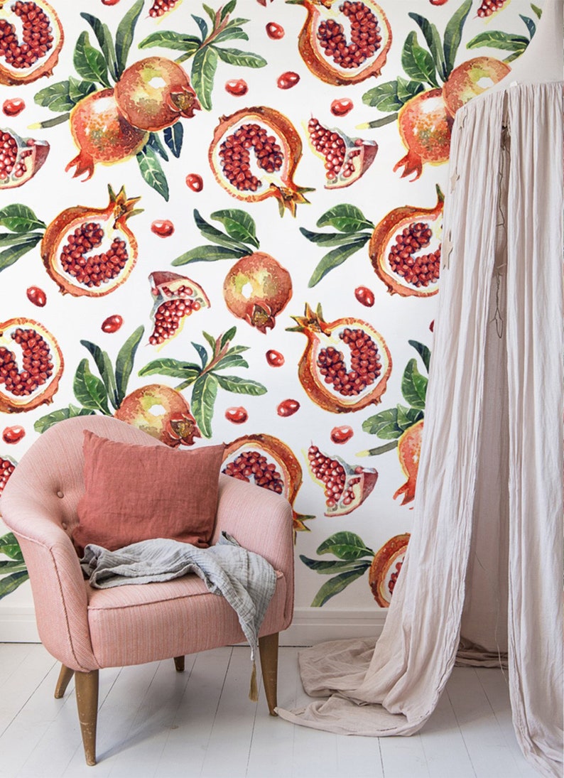 Floral and Fruit removable wallpaper Retro watercolor wall mural, Wallpaper roll, Self adhesive, Paper wallpaper, Pattern wallpaper 27M image 2