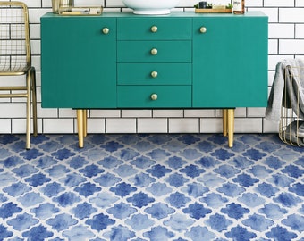 Watercolor Arabic Tiles Motif Vinyl Flooring, Blue Kitchen Makeover, White Easy To Clean Floo, Morrocan Vinyl Sheet Floor, Custom Flooring