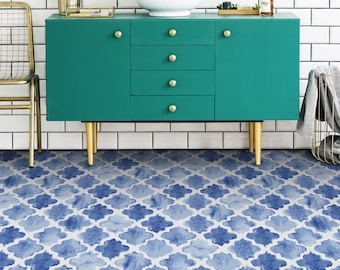 Watercolor Arabic Tiles Motif Vinyl Flooring, Blue Kitchen Makeover, White Easy To Clean Floo, Morrocan Vinyl Sheet Floor, Custom Flooring