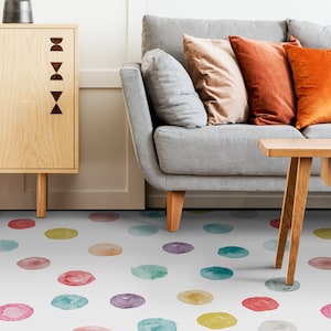 Kleurrijke aquareltekening vinylvloeren, wit abstract decor, blauwe aangepaste vloeren, stippenpatroon, gemakkelijk te reinigen vloer, cadeau voor haar