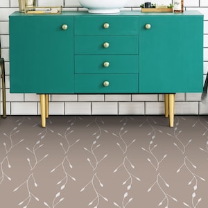 Victorian Simplicity Leaves Vinyl Flooring, Beige Retro Floor Cover, White Flooring Decor, Floral Modern Flooring, Ideas For Work
