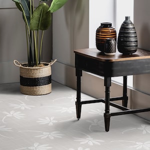 Linen Boho Flowers Vinyl Flooring, Gray Modern Flooring, White Bedroom Inspirations, Plant Aesthetic Room Decor, Kitchen Makeover