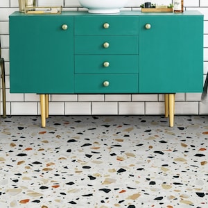 Stracciatella Stones Mosaic Terrazzo Vinyl Flooring, Beige Art Floor, Black Custom Flooring, Retro Decorative Flooring, Ideas For Work