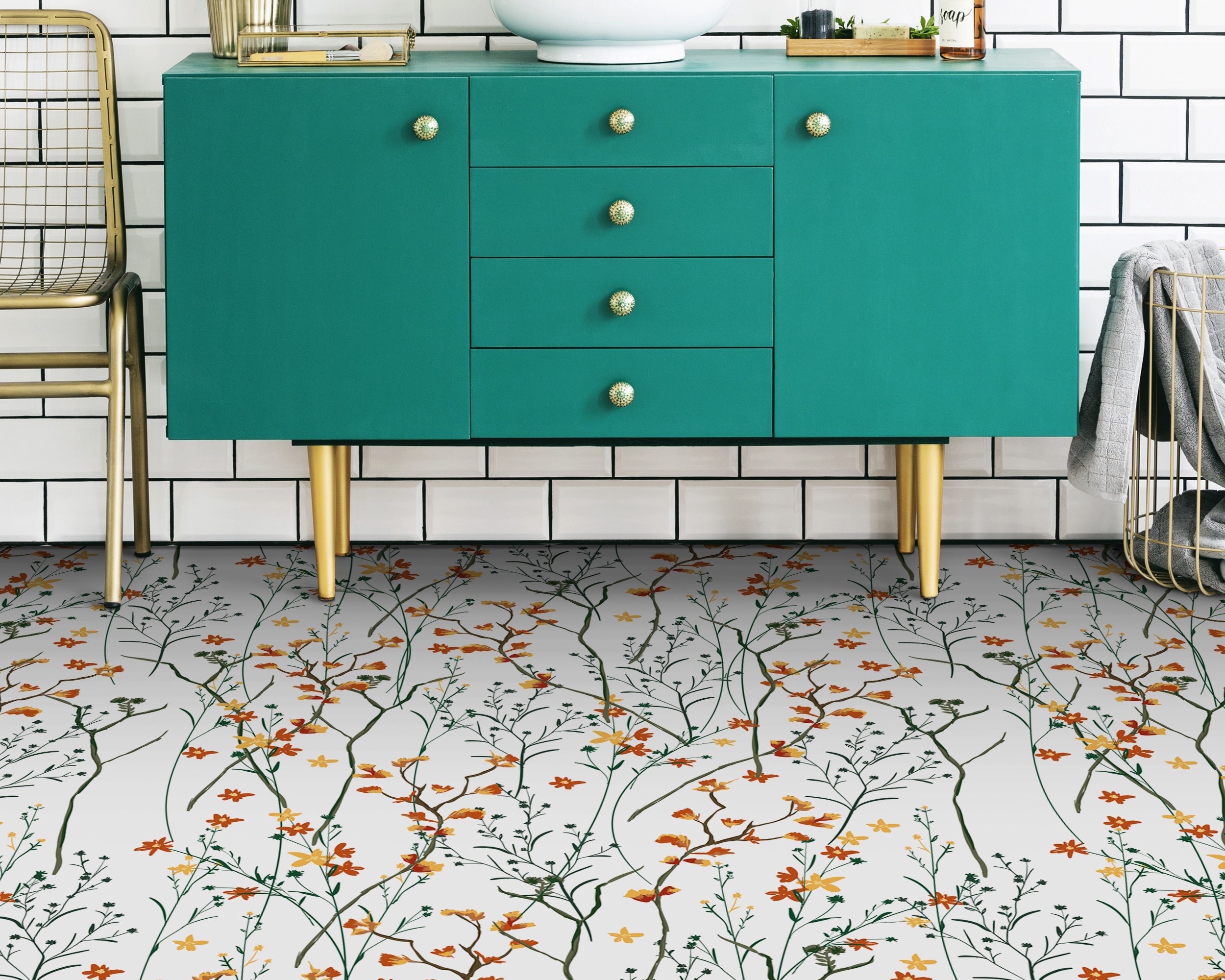 Spring Flowers Coronet Vinyl Flooring, Orange Sheet Vinyl Flooring, White Eco Friendly Floor ...