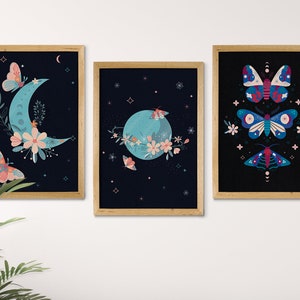 Set Of 3 Posters, Butterflies Poster, Blue Art Print, Black Print, Cosmos Wall Art, Spiritual Art,Illustration Print, Birthday Gift