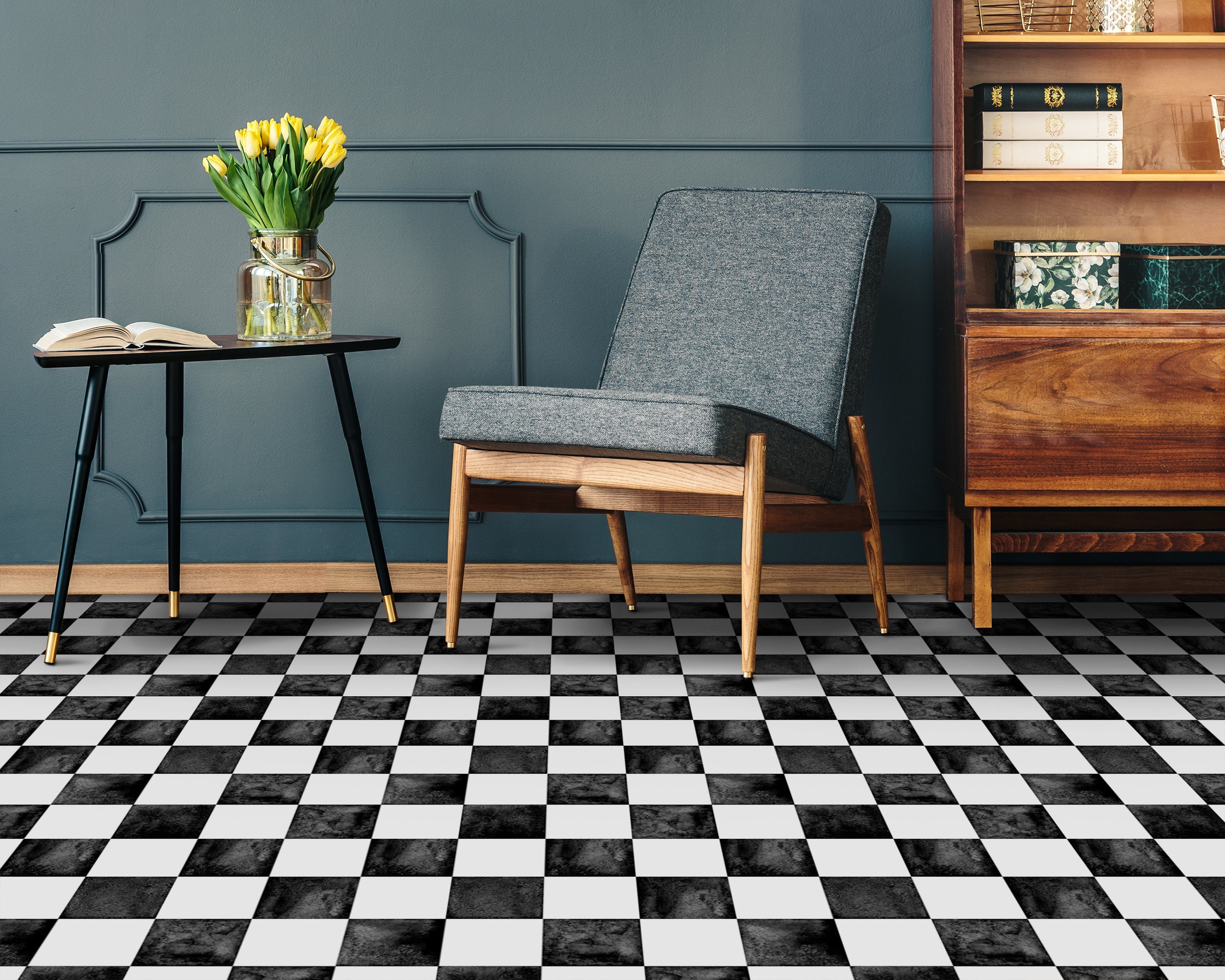 Marble Tiles Contrast Dark Caramic Checked Vinyl Flooring, Black Sheet Vinyl Flooring, White Floor Protector, Square Area Floor PVC