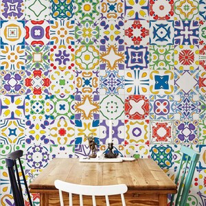 Portuguese tiles wallpaper - Pastel tile wall mural, Tiles wall decor, Colorful wallpaper, Wall art #69M