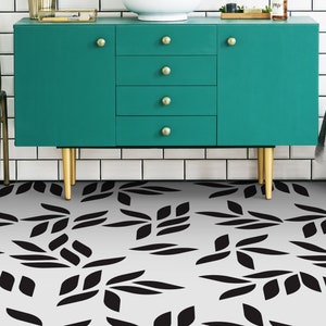Simple Tea Leaves Vinyl Flooring, White Retro Floor Cover, Black Easy To Clean Flooring, Plant Vinyl Sheet Floor, Nursery Flooring