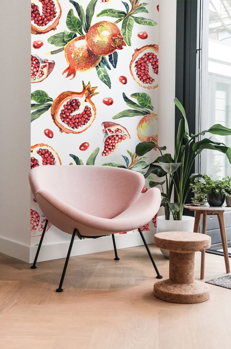 Floral and Fruit removable wallpaper Retro watercolor wall mural, Wallpaper roll, Self adhesive, Paper wallpaper, Pattern wallpaper 27M image 1