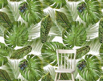 Tropical Leaves with frog removable wallpaper - repositionable, reusable, self-adhesive, wall mural, peel and stick, delicate art wall #195M