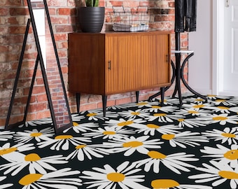 Dekorativer Vinylboden mit Aster-Sonnenblumenfamilie, blaue Küchenumarbeitung, weißer, leicht zu reinigender Boden, Gänseblümchen-Vinylboden, wasserdicht