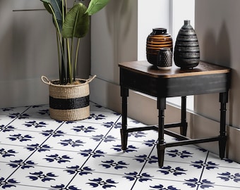 Maroccan Modern Tiles Background Vinyl Flooring, White Linoleum In Roll, Blue Abstract Decor, Minimalist Comfort Floor, Waterproof Material