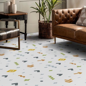 Doodles Shapes Kids Pattern Vinyl Flooring, White Sheet Vinyl Flooring, Gray Floor Protector, Minimalist Area Floor PVC, Retro Floor Art
