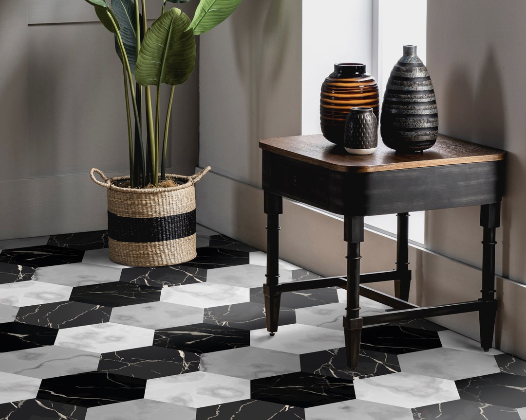 Monochrome Hexagon Tiles Vinyl Flooring, Gray Flooring Linoleum, Black