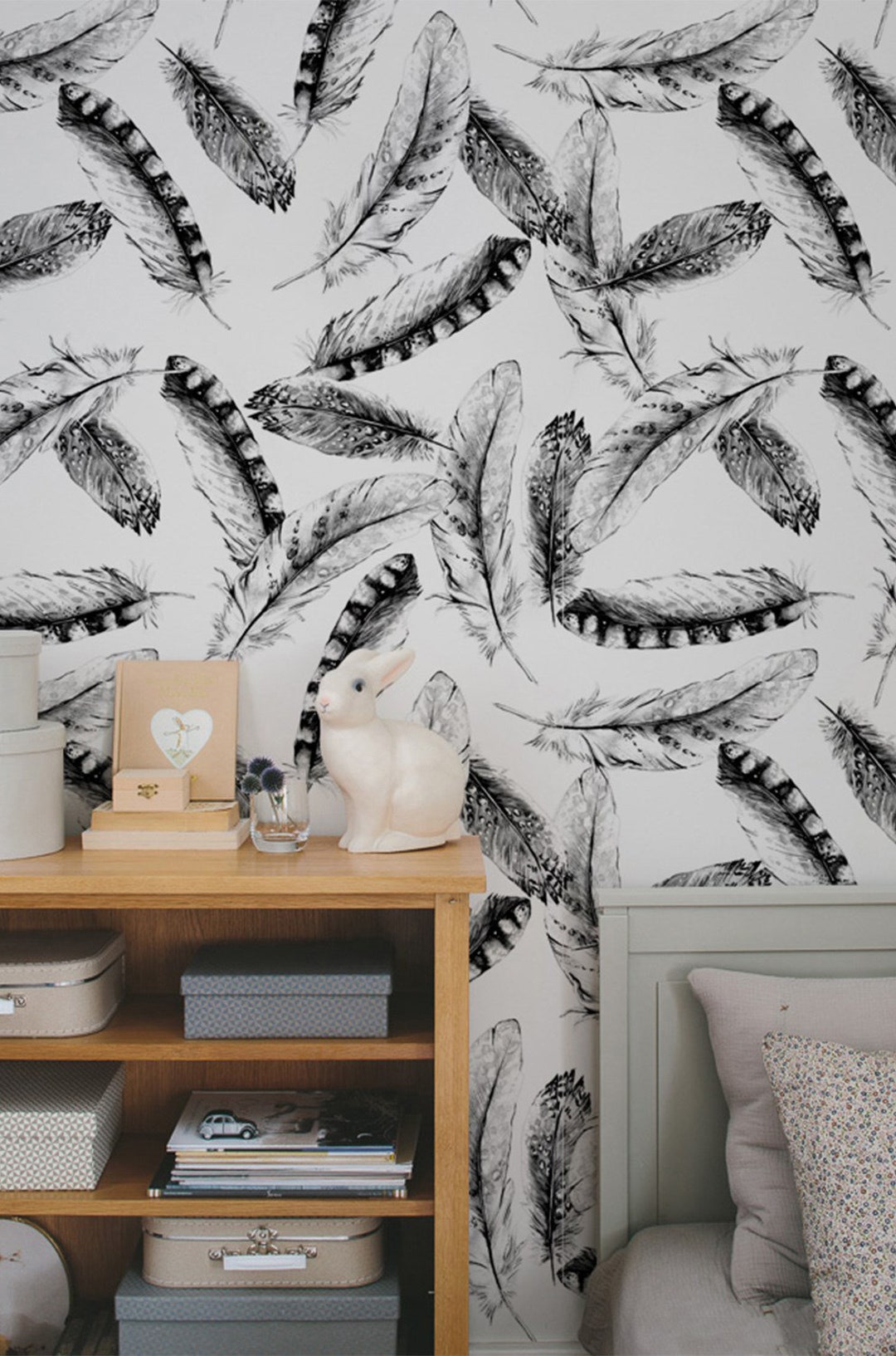 Black and White Watercolor Feather Removable Wallpaper - Wall Decor ...
