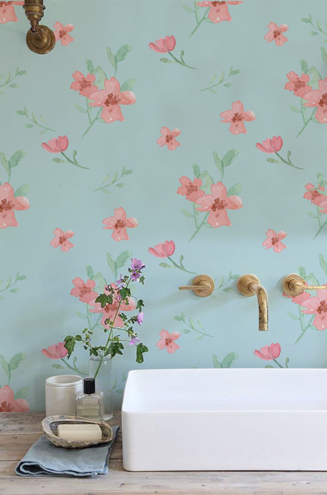 Floral Watercolor Wallpaper, Flowers, Removable - Contemporary, Wall ...